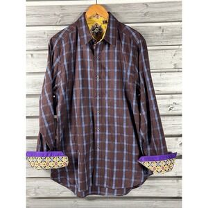 Robert Graham Long Sleeve Shirt Mens L Brown Plaid Button Up flip cuff
